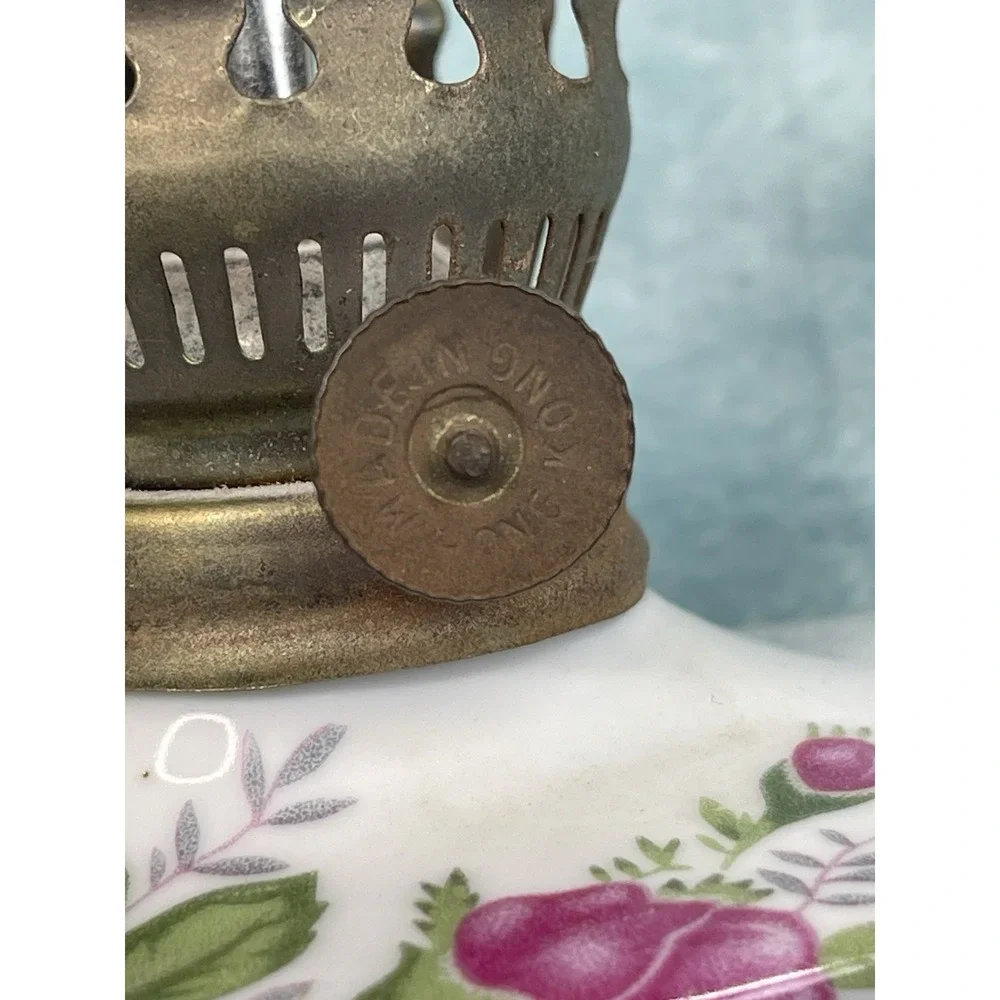 Vintage Mini Oil Lamp Porcelain Floral Finger Lamp Glass Chimney 6